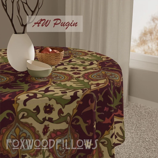 Maroon Table Cover, Floral Dinning Cloth, Cotton Linen, Gift For Mom, Victorian Décor, Aw Pugin, Maroon, Gold, Cream Cloth