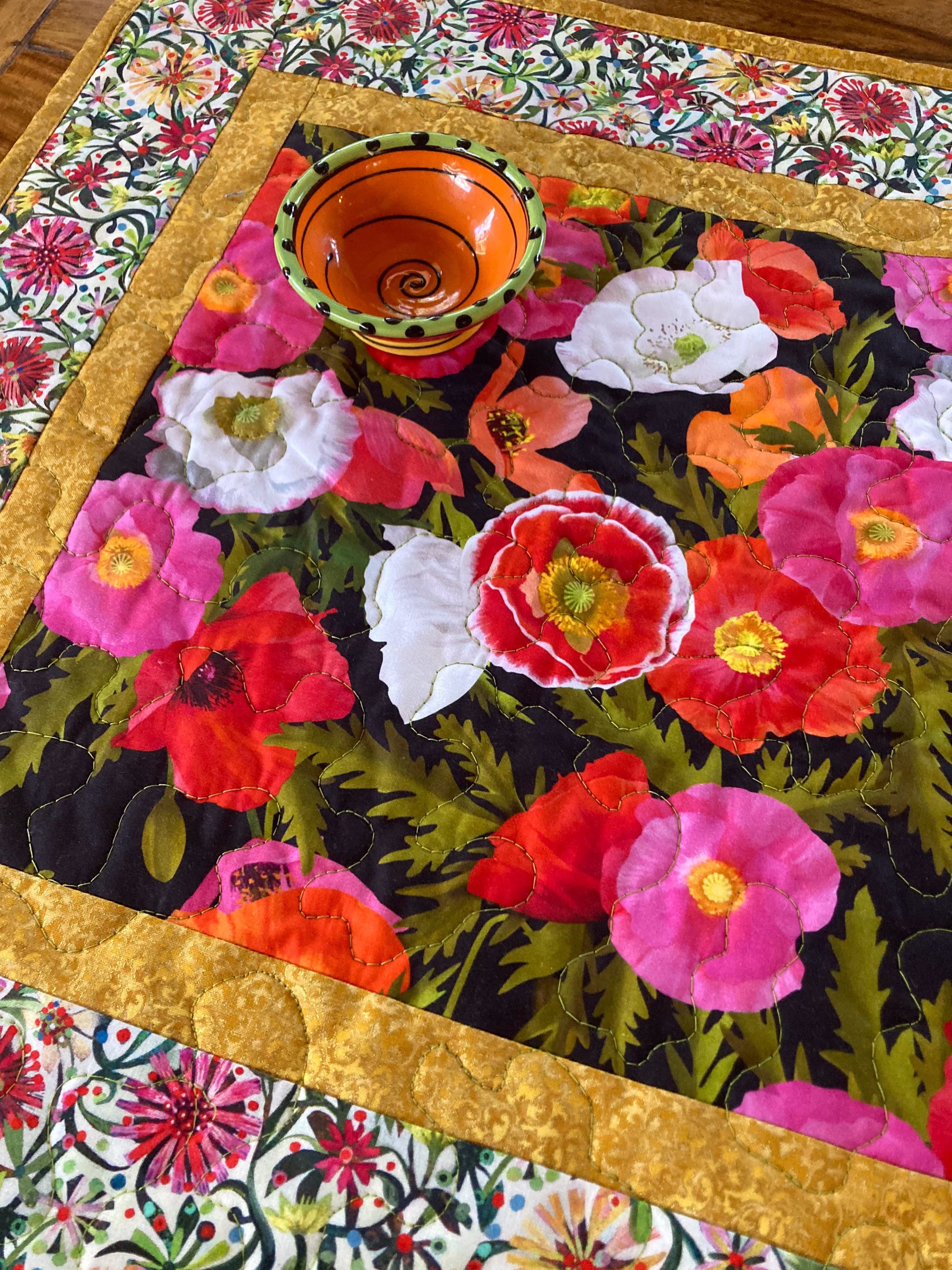 Spring Poppy Flowers Quilted Table Topper, Pink, Orange, Green 19x19" Reversible Large Square Mat, Coffee Dining End Nightstand