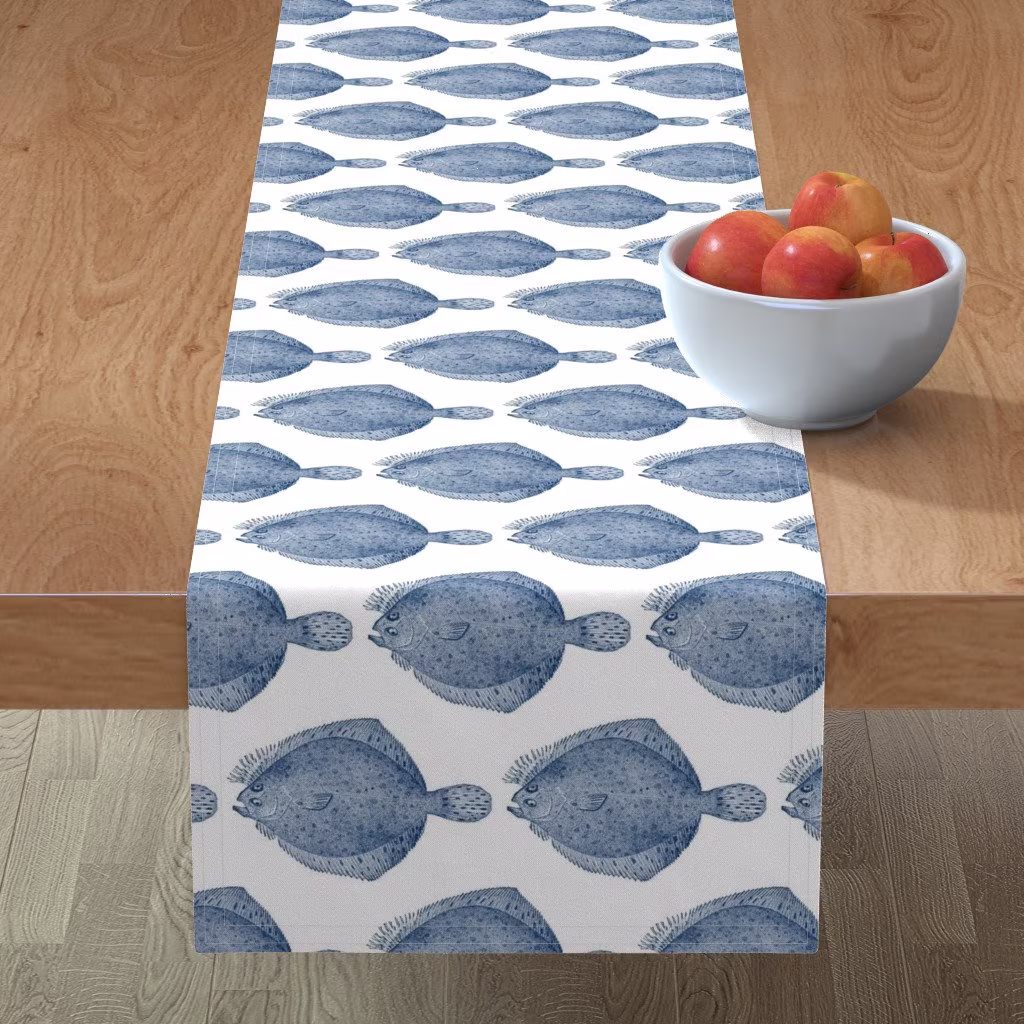 Coastal Ocean Table Runner - Vintage Flounder By Lisakling Nautical Blue & White Beach House Cotton Sateen Spoonflower
