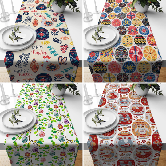 Happy Easter Table Runner, Egg & Bunny Kitchen Spring Tablecloth, Colorful Decor, Gift, Gift For Her