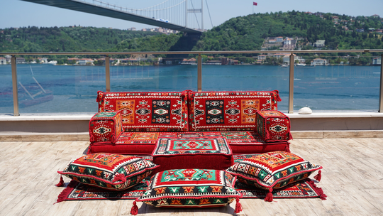 Red Arabic Floor Sofa, 3 Seater Couch, Moroccan Garden Sofas, Iraqi Majlis, Yemeni Bohemian Furniture, Cushion