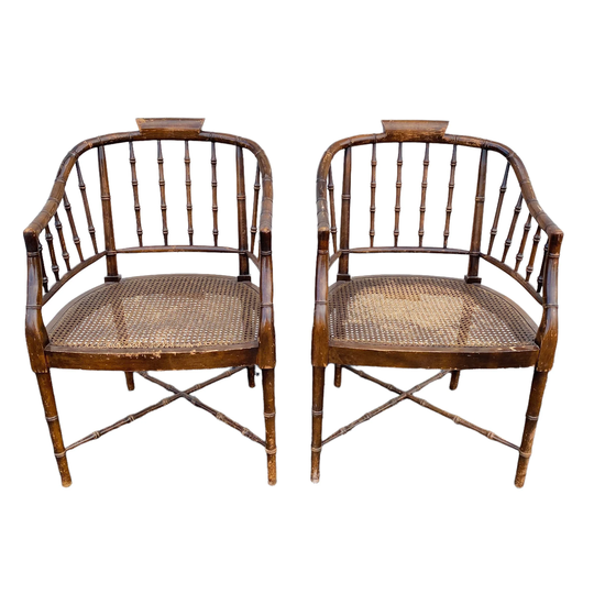 Pair Of Chinoiserie Accent Chairs By Century With Faux Bamboo & Rattan Cane - Set 2 Vintage Midcentury Armchairs