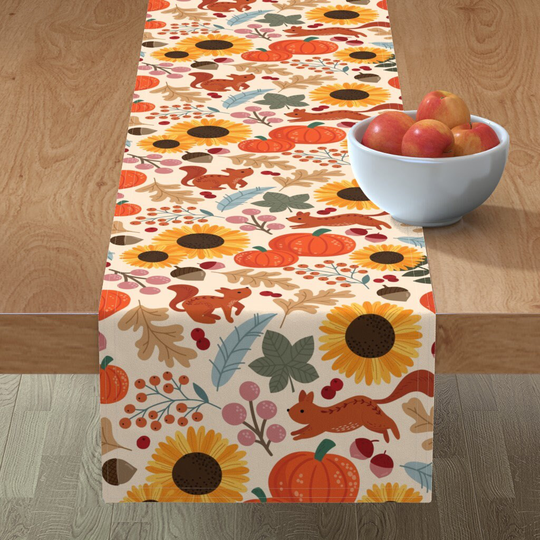 Classic Autumn Icons Table Runner - Garden By Mandykippax Squirrel Leaves Berries Leaf Cotton Sateen Spoonflower