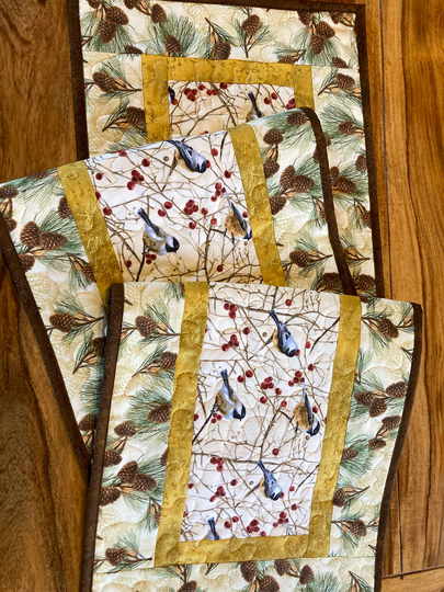 Chickadees Pine Cones Quilted Table Runner 13x72", Reversible, Long Birds Mountain Dining Everyday, Winter White Gold Nature Lover