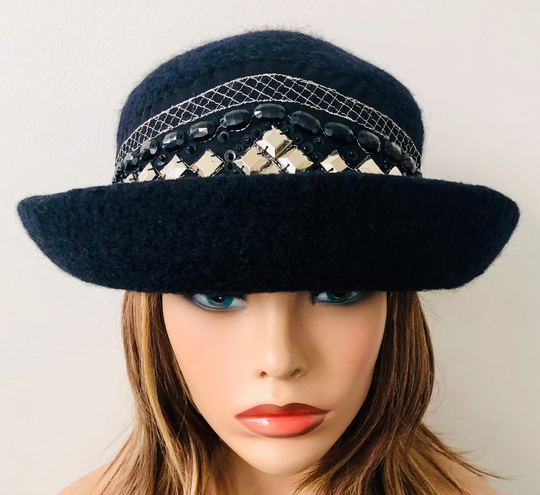 Black Felted Hat, Winter Cloche Handmade Unique Women's Size 22.5" Up To 23", Ready Ship