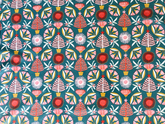 Gum Flowers & Christmas Tree Teal Blue Floral Quilting Cotton Fabric By 1/4, 1/2 Yard Or Fat Quarter, Australian Native Bush Flora