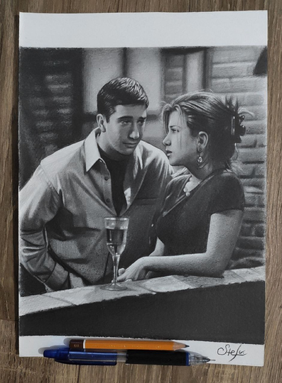 Custom Portrait, Realistic Drawing, Graphite, Friends, Rachel Green, Ross Geller, Series, Jennifer Aniston, David Schwimmer, 90S