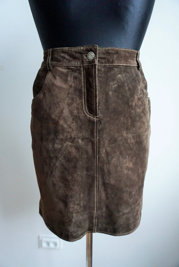 Vintage Genuine Suede Leather Skirt/Brown High Waist High Waisted L Large Midi Pencil Skirts Western