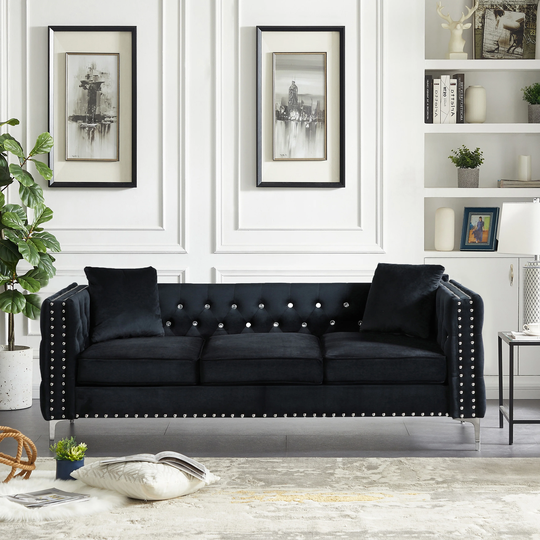 3 Seats Sofa Modern Velvet Padded Sofa Tufted Back Couch, 2 Pillows Included