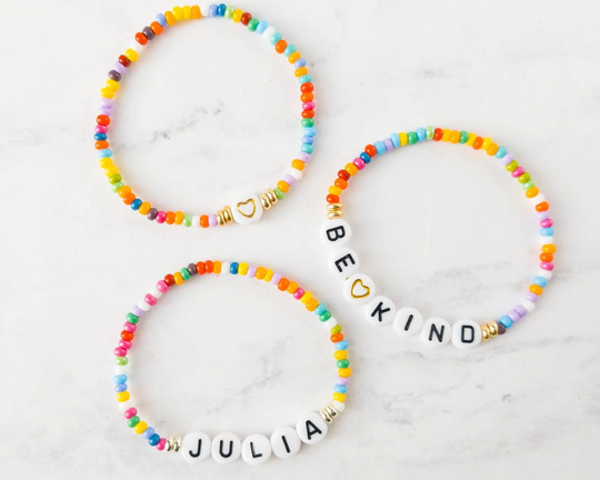 Kids Name Bracelet | Be Kind Dainty Bead Heart Custom Stack