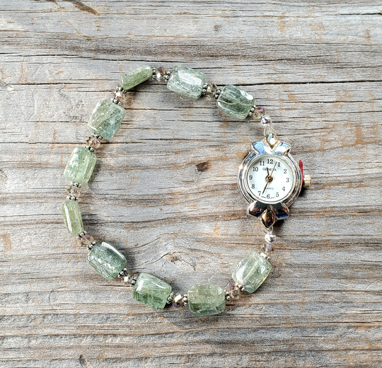 Green Kyanite Gemstone Beaded Watch, Very Durable Stretchy Band, Multiple Sizes Available
