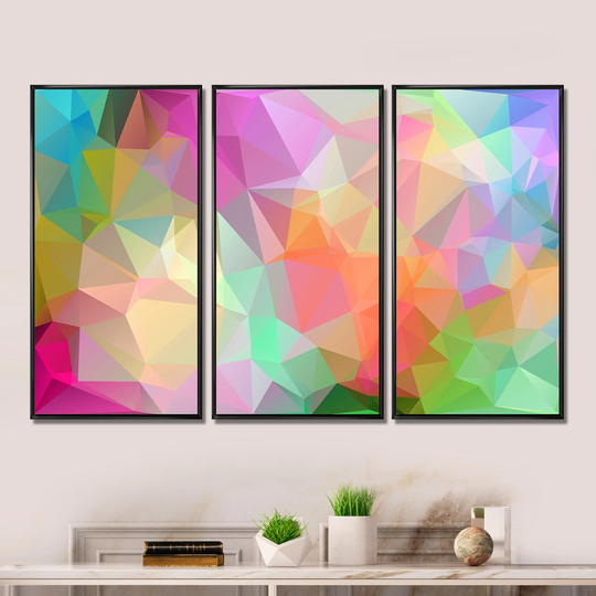 Designart 'Multi Color Polygonal Mosaic Pattern' Abstract Framed Canvas Wall Art Print Set of 3 - 4 Colors of Frames