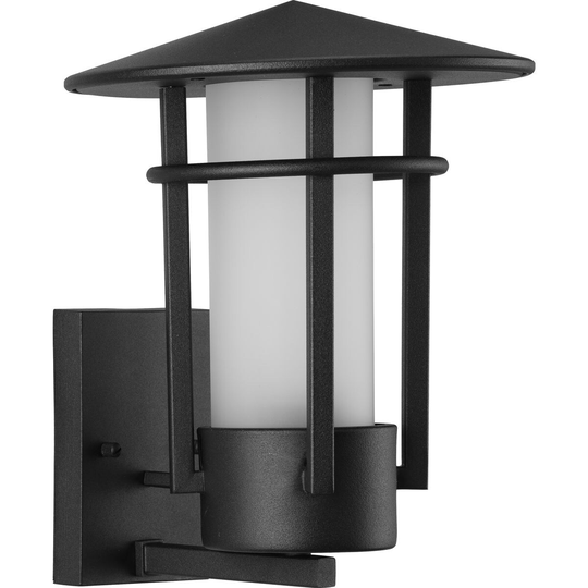 Exton Collection 1-Light Textured Black Etched Seeded Glass Modern Outdoor Medium Wall Lantern Light - 9.12 in x 9.37 in x 12 in