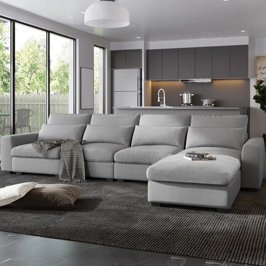 Modern L-Shape Feather Filled Sectional Sofa, Convertible Sofa Couch with Reversible Chaise for Living Room