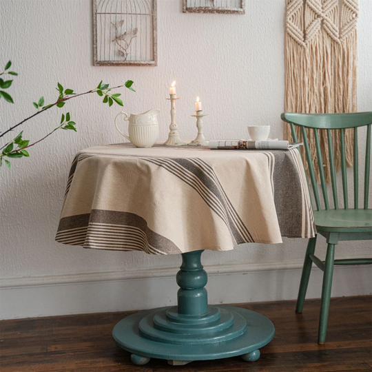 Cotton Linen Table Cloth, Round Tablecloth Natural, Coffee/Navy/Red Striped Cloth Decor, All-Purpose 59"