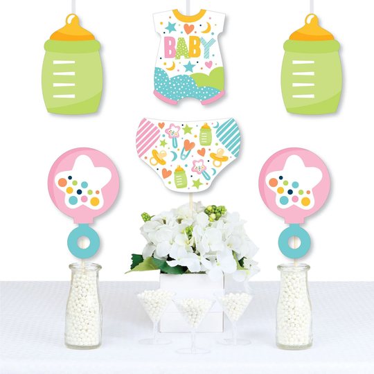 Colorful Baby Shower - Bodysuit, Rattle, Bottle, Diaper Decorations Diy Gender Neutral Party Essentials Set Of 20