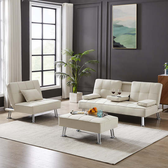 Meeting room Living room Sets, Convertible Fabric Folding Sofa Bed with 2 Cup Holders, Single Sofa bed with Ottoman, 1 Pillow