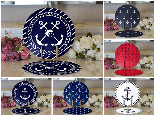 Nautical Placemat | Navy Pattern Table Mat Anchor Printed Dining American Service Underplate| Blue Coasters | Set Of 2