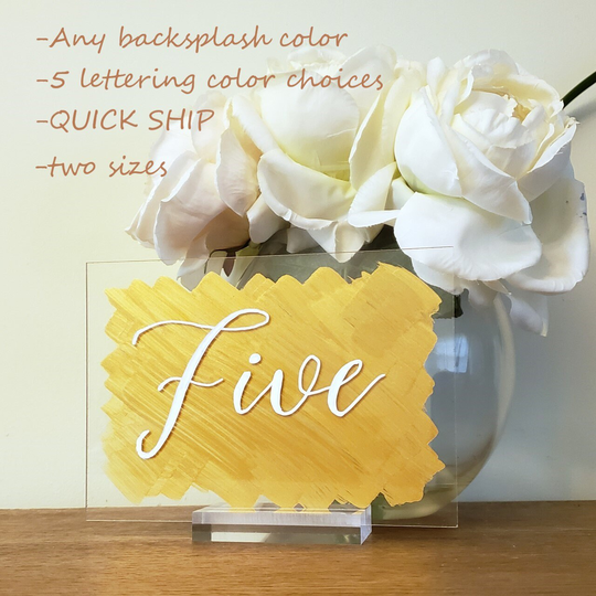 Acrylic Table Number Cards Signs Clear Or Painted Any Color -Handwritten Painted With/Wo Stand 2 Sizes 5 Lettering Colors Clear Plexiglass