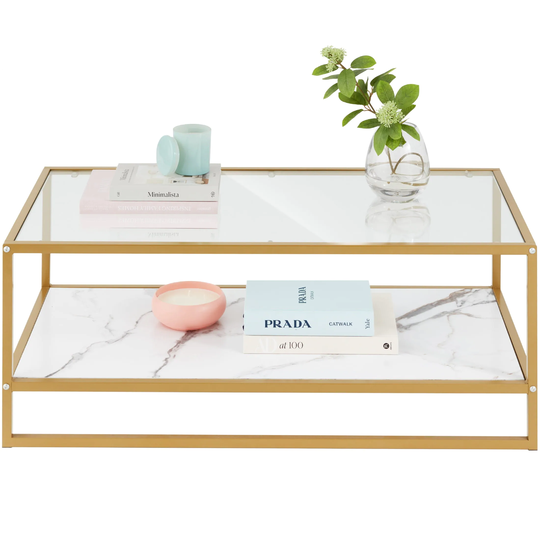 44in 2-Tier Rectangular Coffee Table, 2-in-1 Accent Furniture w/ Faux Marble Top - Gold