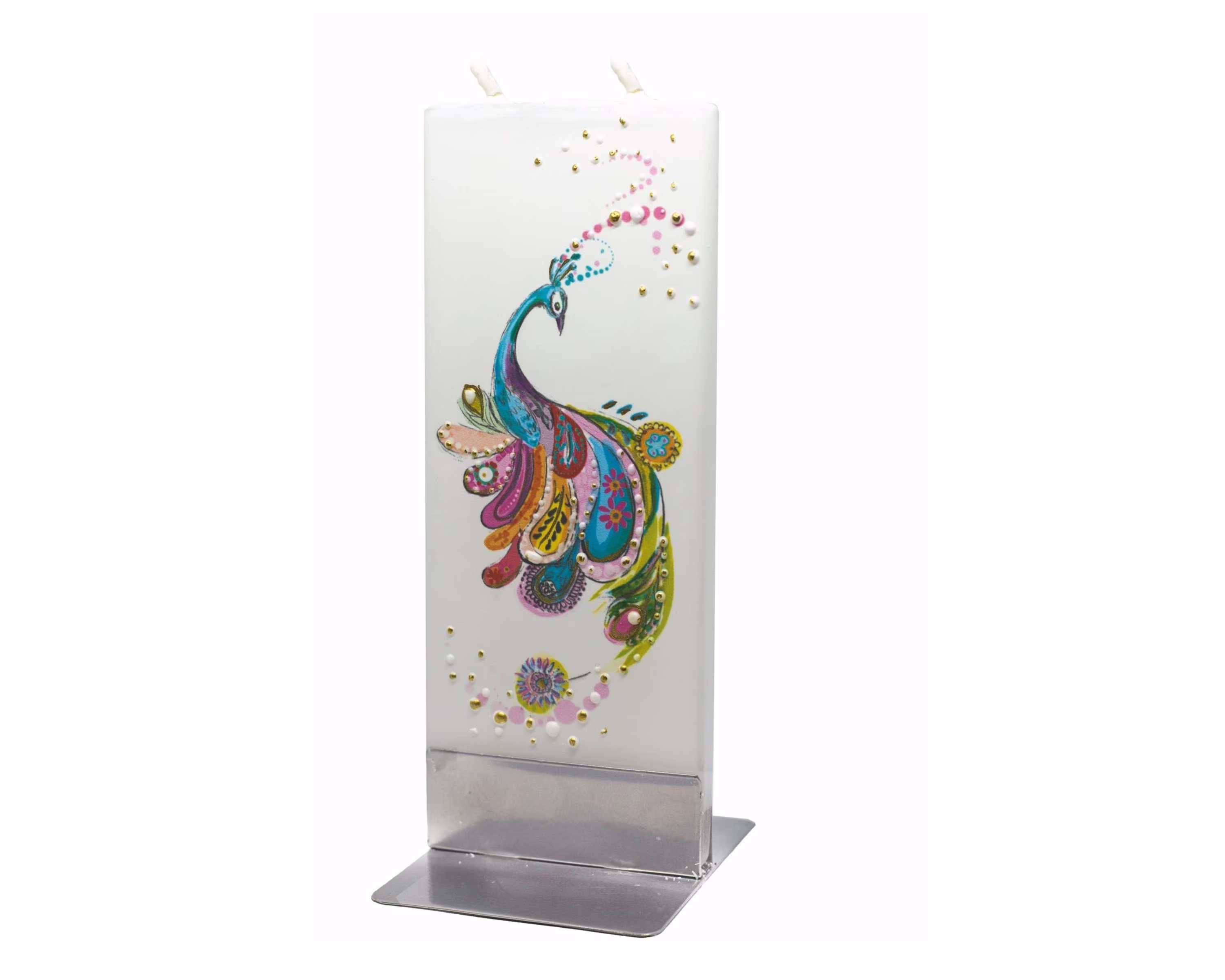 Hand Painted Flat Candle | Whimsical Peacock Small Unique Gift Colorful Nature Shelf Décor