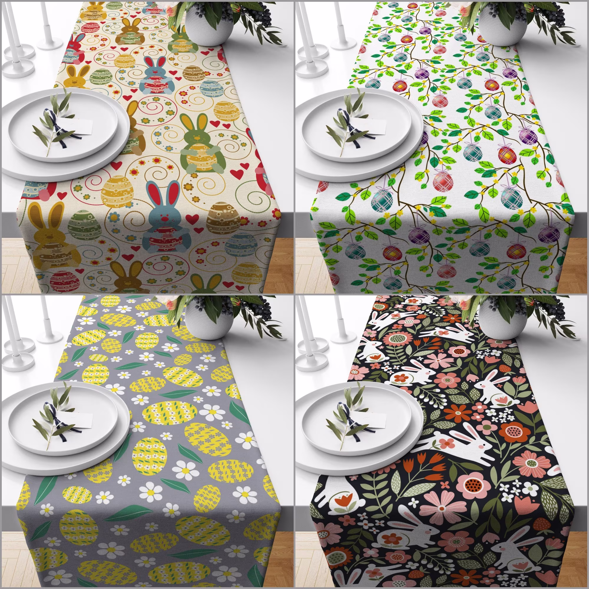 Easter Table Runner|Easter Bunny Kitchen Decor|Decorative Floral Egg Print Tabletop|Daisy Patterned Home Decor|Spring Holiday Tablecloth