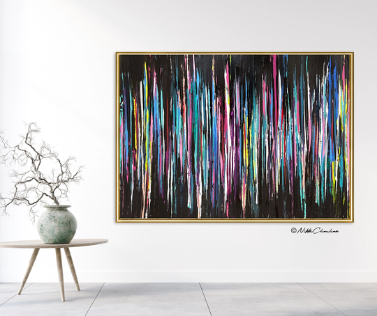 Black & Colorful Stripes Drip Art, Extra Large Original Abstract Oversized Acrylic Wall Modern Teal, Blue, Pink Canvas Painting
