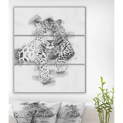 'Black and White Leopard Pencil Sketch' Oil Painting Print Multi-Piece Image on Wrapped Canvas