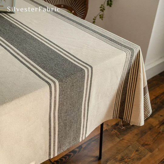 striped Gray Cotton Table Linens, Rectangle Tablecloth, Indoor Outdoor Party Decor, Kitchen Cover Cloth Personalised Sizes
