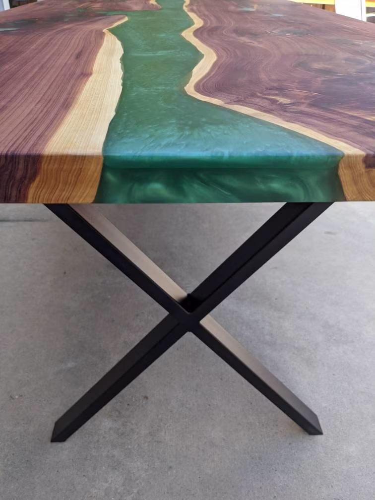 Cedar River Table 72" X 36" Live Edge Wood & Resin Dining With Black Metal X Legs, Emerald, Hunter Green - Ready To Ship
