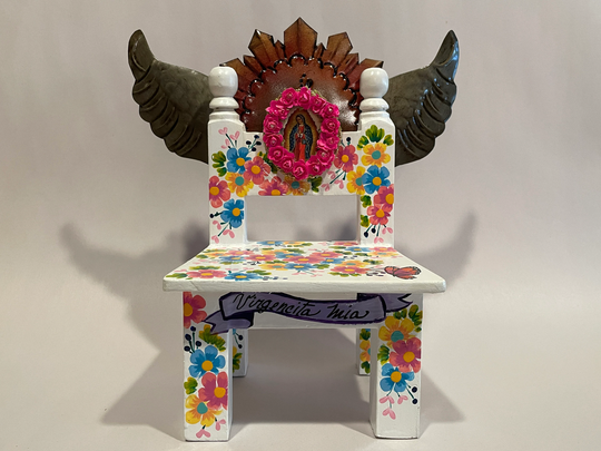 Hand Painted Chair With Guadalupe Image & Sacred Wings, Virgin Of Guadalupe, Mexican Chair Altar, Mexico Wall Decor