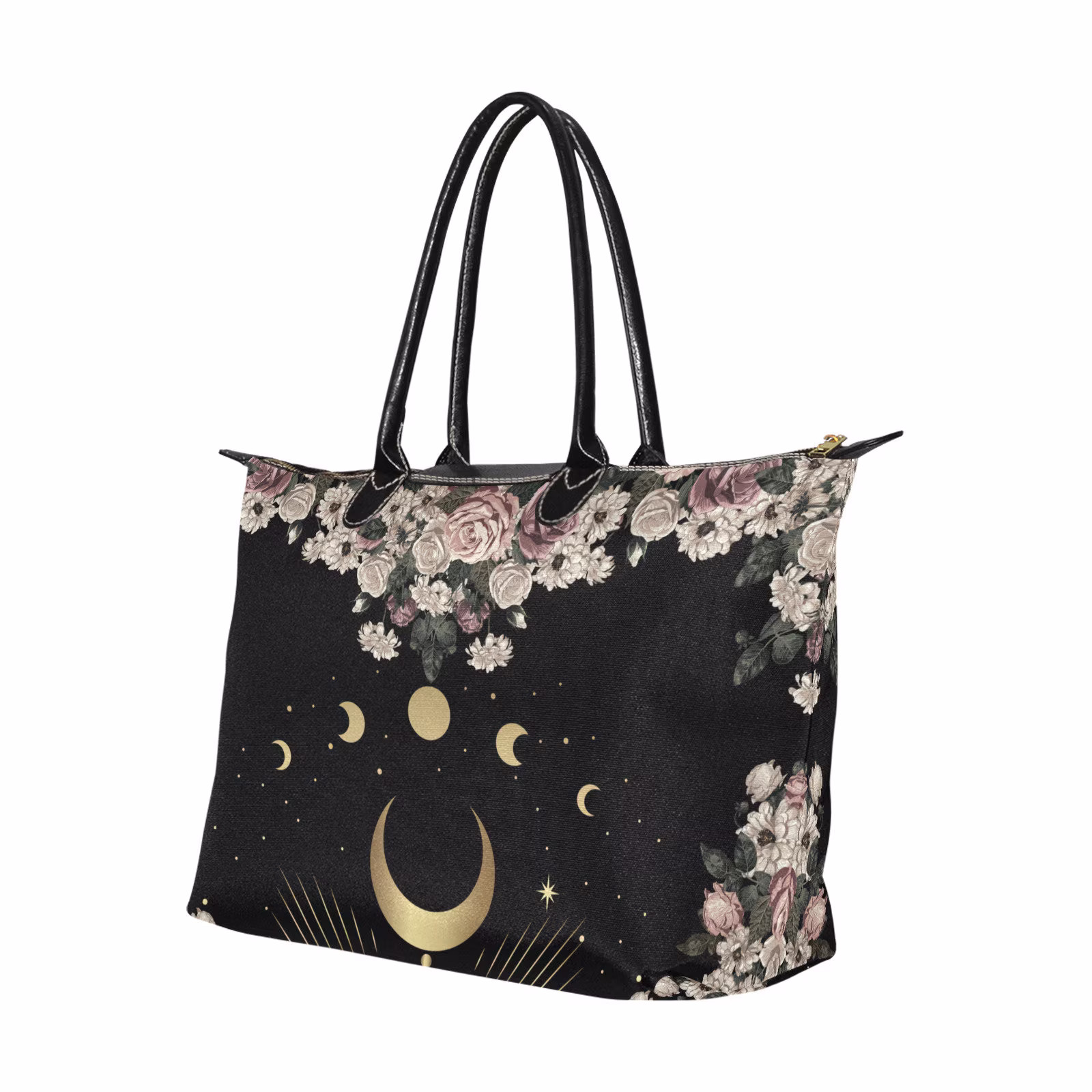 Pale Rose Crescent Moon Phase Forest Witch Handbag, Witchy Boho Zip Tote, Pagan Occult Aesthetic Art Bag With Vegan Leather Handles