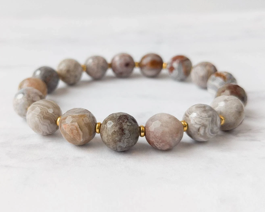 Mexican Laguna Lace Agate Bracelet | 10mm Gemstone Elastic Earth-Toned Semi-Precious