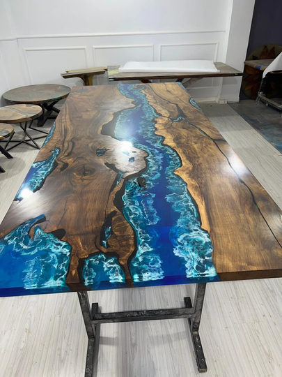 Walnut Dining Table, Live Edge Custom 115" X 50" Ocean Blue, Turquoise White Waves Epoxy, River Table Order For Kishan3