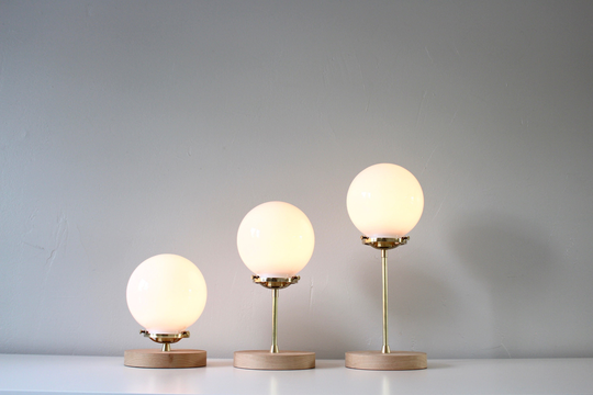 Brass Table Lamp, White Frosted Glass Bubble Globe Shade, Wooden Base, Mid Century Modern Design, Home Lighting & Decor, 15 Inches Tall