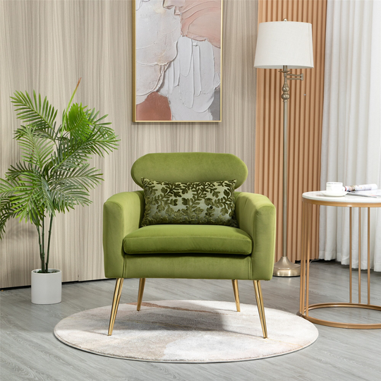 Velvet Accent Chair Lounge Chair, European Style Comfortable Armchair with Golden Feet for Living Room Bedroom Office, Olive