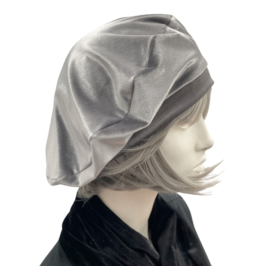 Velvet Beret, Satin Lined Winter Hat, Silver Gray Choose Your Color, Chemo Headwear, Handmade in Usa