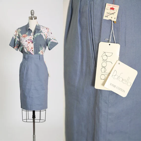 90S Ramie Cotton Steel Blue Pencil Skirt