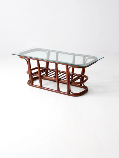 Mid-Century Rattan Coffee Table With Glass Top