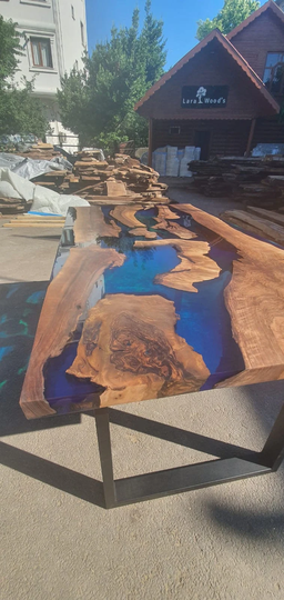 Handmade Epoxy Table, Custom 72" X 40" Walnut Blue, Turquoise, Green Dining Live Edge Order For Tara