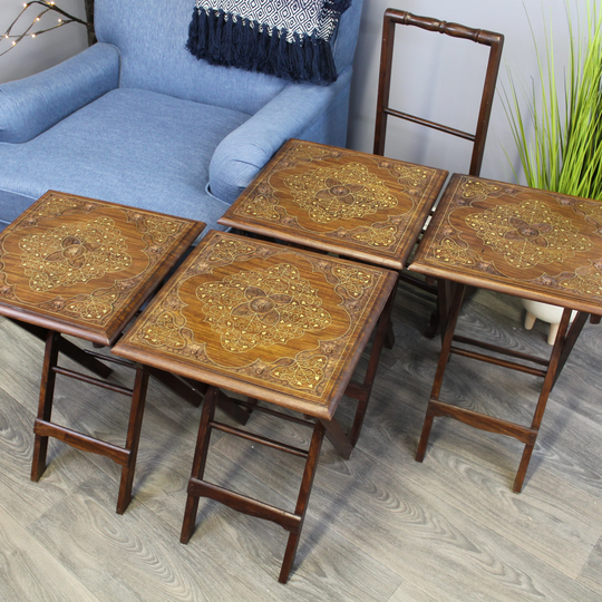 Natural Geo Decorative Set of 4 Tray Tables with Stand - Carved Floral