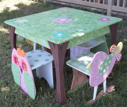 Childrens Table & 2 Chair Set, Wooden Copyrighted Custom For Kids, Bird Owl Nursery, Play Rooms Home Day Care, Garden Animal Theme