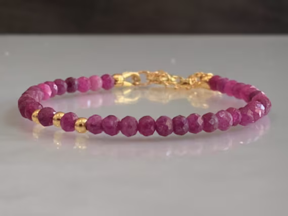 Ruby Bracelet, Natural Dainty Minimalist Gemstone 3.5mm - 4mm Tones Size, 24K Gold, July Birthstone