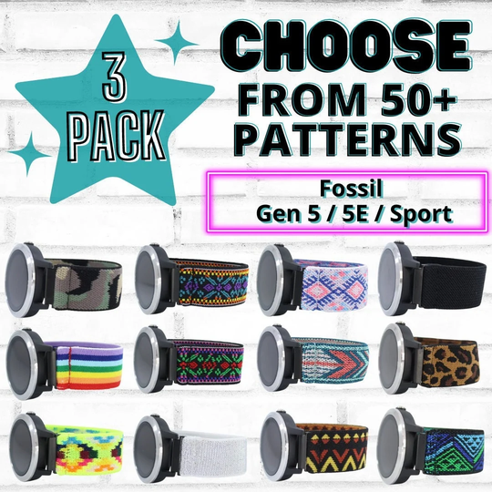 3 Pack - Elastic Watch Bands For Fossil Gen 5/5E Sport with 18mm Adapters Choose Your Patterns 50+ Color Options Bundle Discount