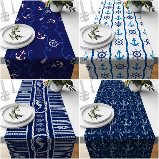 Nautical Table Runner|Blue White Wheel & Anchor Tabletop|Sailor Tie Tablecloth|Navy Marine Centerpiece|Decorative Beach House Runner