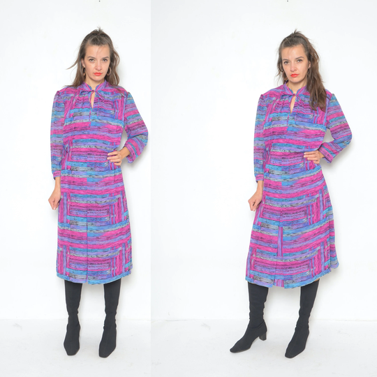 Colorful 80S Dress/Vintage Abstract Pattern Sheer Mesh Sleeve Multi Color Long - Size Large