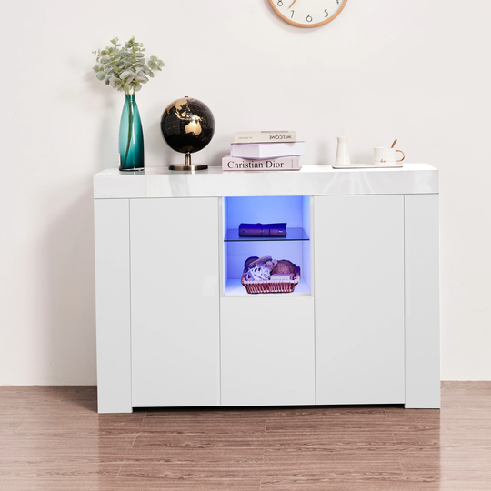 White High Gloss Sideboard Storage Cabinet with 2 Shelves,1 Drawer,2 Doors and LED Light