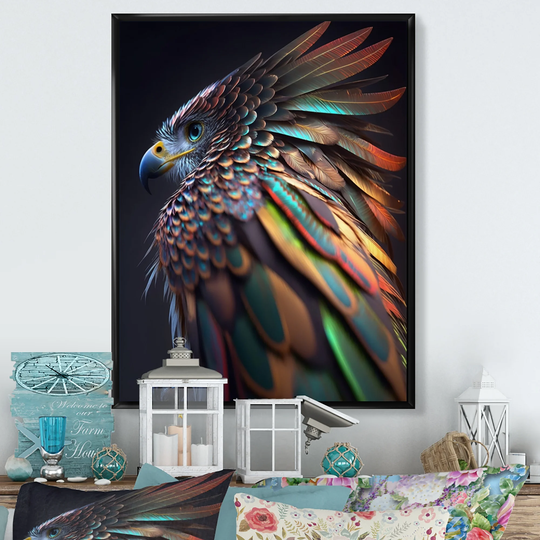 Designart 'Macro Colorful Feather Eagle I' Animals Framed Canvas Art Print