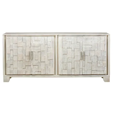 80 Inch Mosaic White Sideboard Buffet, Hand Carved Door Details