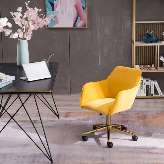 Yellow Velvet Adjustable Height 360 Revolving Home Office Chair, with Gold Metal Legs and Universal Wheel